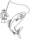 Fly Fisherman Catching Jumping Lake Trout Continuous Line Drawing