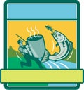 Fly Fisherman Catching Salmon Mug Rectangle Retro