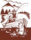 Fly fisherman catching trout boat Royalty Free Stock Photo