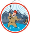 Fly Fisherman Catching Trout Fish Cartoon Royalty Free Stock Photo