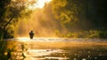 Fly fisherman fishing for Atlantic Salmon on the Margaree River in the fall. Royalty Free Stock Photo