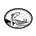 Fly Fisherman Fishing Boat Reeling Trout Oval Retro Black and White Royalty Free Stock Photo