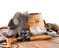 Fly fishing equipment on white Royalty Free Stock Photo