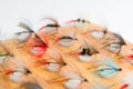 Fly fishing fly on the rod on white background. Reel and vintage Royalty Free Stock Photo