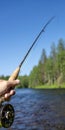 Fly fishing rod in fisherman hand. Fishing on the mountain river. Vertical format.