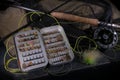 Fly fishing, rod, fly box Royalty Free Stock Photo