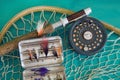 Fly fishing rod and net Royalty Free Stock Photo