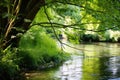 fly fishing rod resting against a lush, green riverside tree