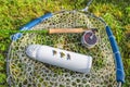 Fly fishing tackle. Flies on thermo water bottle, rod, reel in fishing landing net Royalty Free Stock Photo