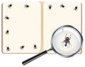 Fly insects on blank book pages with magnifying glass isolated on white background Royalty Free Stock Photo