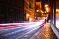 Fly by light trail in Ancient Prague