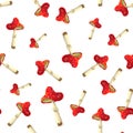 fly mushroom pattern on white background. red spotted poisonous mushroom. Forest poisonous red mushroom pattern. Fly agaric in