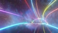 Fly Over 3D Rainbow Road In Outer Space With Bright Neon Reflections - 4K Seamless VJ Loop Motion Background Animation