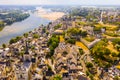 Fly over picturesque town of Saumur and medieval castle Saumur. France Royalty Free Stock Photo