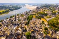 Fly over picturesque town of Saumur and medieval castle Saumur. France Royalty Free Stock Photo