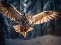 fly of owl. Flying Eurasian Eagle owl with open wings with snow flake in snowy forest during cold winter Royalty Free Stock Photo