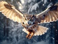 fly of owl. Flying Eurasian Eagle owl with open wings with snow flake in snowy forest during cold winter Royalty Free Stock Photo