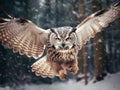 fly of owl. Flying Eurasian Eagle owl with open wings with snow flake in snowy forest during cold winter Royalty Free Stock Photo