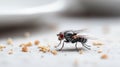 A fly is seen close-up on small crumbs scattered on a kitchen surface in soft morning light Royalty Free Stock Photo