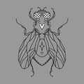 fly silhouette with hearts, eyes, wings, paws, dots and a star. Vector isolated hand drawing insect