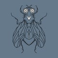 fly silhouette with hearts, eyes, wings, paws, dots and a star. Vector isolated hand drawing insect