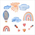 Fly in the sky Watercolor Clipart. Kids Wooden toys. hot air balloon, rainbow, clode, sun, heart, fireworks. Nursery Royalty Free Stock Photo