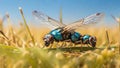 Fly-type insects are mating on dry grass