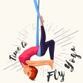 Fly yoga flat poster with girl in sportswear doing one-legged king or inverted pigeon aerial pose in hammock vector