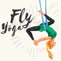 Fly yoga flat poster with girl in sportswear doing one-legged king or inverted pigeon aerial pose in hammock vector