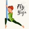 Fly yoga flat poster with girl in sportswear doing one-legged king or inverted pigeon aerial pose in hammock vector