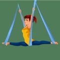 Fly yoga flat poster with girl in sportswear doing one-legged king or inverted pigeon aerial pose in hammock vector