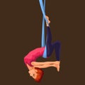 Fly yoga flat poster with girl in sportswear doing one-legged king or inverted pigeon aerial pose in hammock vector