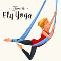 Fly yoga flat poster with girl in sportswear doing one-legged king or inverted pigeon aerial pose in hammock vector