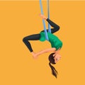 Fly yoga flat poster with girl in sportswear doing one-legged king or inverted pigeon aerial pose in hammock vector