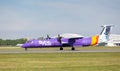 Flybe Bombardier Dash 8 Q400 preparing to take off at Manchester Airport Royalty Free Stock Photo