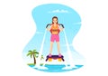 Flyboard Illustration with People Riding Jet Pack in Summer Beach Vacations in Extreme Water Sport Activity Cartoon Hand Drawn