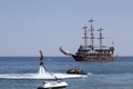 Flyboard and yachting stylized pirate schooner