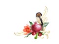 Flycatcher bird with pomegranate fruit and flower hand drawn watercolor arrangement. Close up illustration of exotic tropical bird