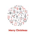 Greeting card with thin line icons ans big red words Merry Christmas.