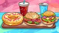 Flyer with cartoon illustration of hot tasty snack with meat and cheese, hamburger and cold cola in plastic cup