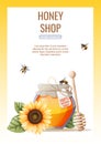Flyer design, advertising banner with a natural useful product-honey. Honey shop, healthy and sweet products. Vector