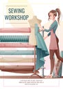 Flyer design with seamstress. Banner poster with a girl creating clothes on a mannequin. Work in a sewing workshop, atelier,