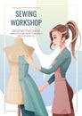 Flyer design with seamstress. Banner poster with a girl creating clothes on a mannequin. Work in a sewing workshop