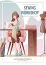 Flyer design with seamstress. Banner poster with a girl creating clothes on a sewing machine. Work in a sewing workshop