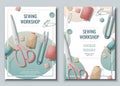 Flyer design set for sewing atelier, workshop. Poster with threads, scissors, sewing tools. Hobby, needlework, light Royalty Free Stock Photo