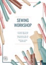 Flyer design with sewing mannequin and fabric rolls. Light industry. Needlework, hobby, sewing. Poster banner for sewing