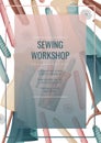 Flyer design with sewing mannequin and fabric rolls. Light industry. Needlework, hobby, sewing. Poster banner for sewing