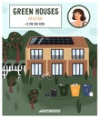 A flyer for a female realtor who sells sustainable homes. Green home with solar panels, waste sorting bins, vegetable garden and Royalty Free Stock Photo