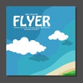Flyer in flat style with a map of the island to travel and vacation on yacht clouds in the sky.