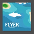 Flyer in flat style with a map of the island to travel and vacation on yacht clouds in the sky.